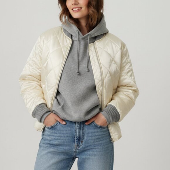 NWT Quilted Bomber Jacket Cream Satin Coat Size L Marc New York Street Style - Picture 1 of 13